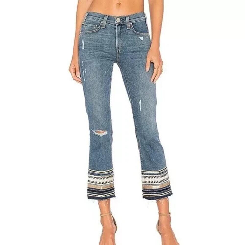 McGuire Blue Cropped Embroidered Cuff Distressed Jeans Sz 28